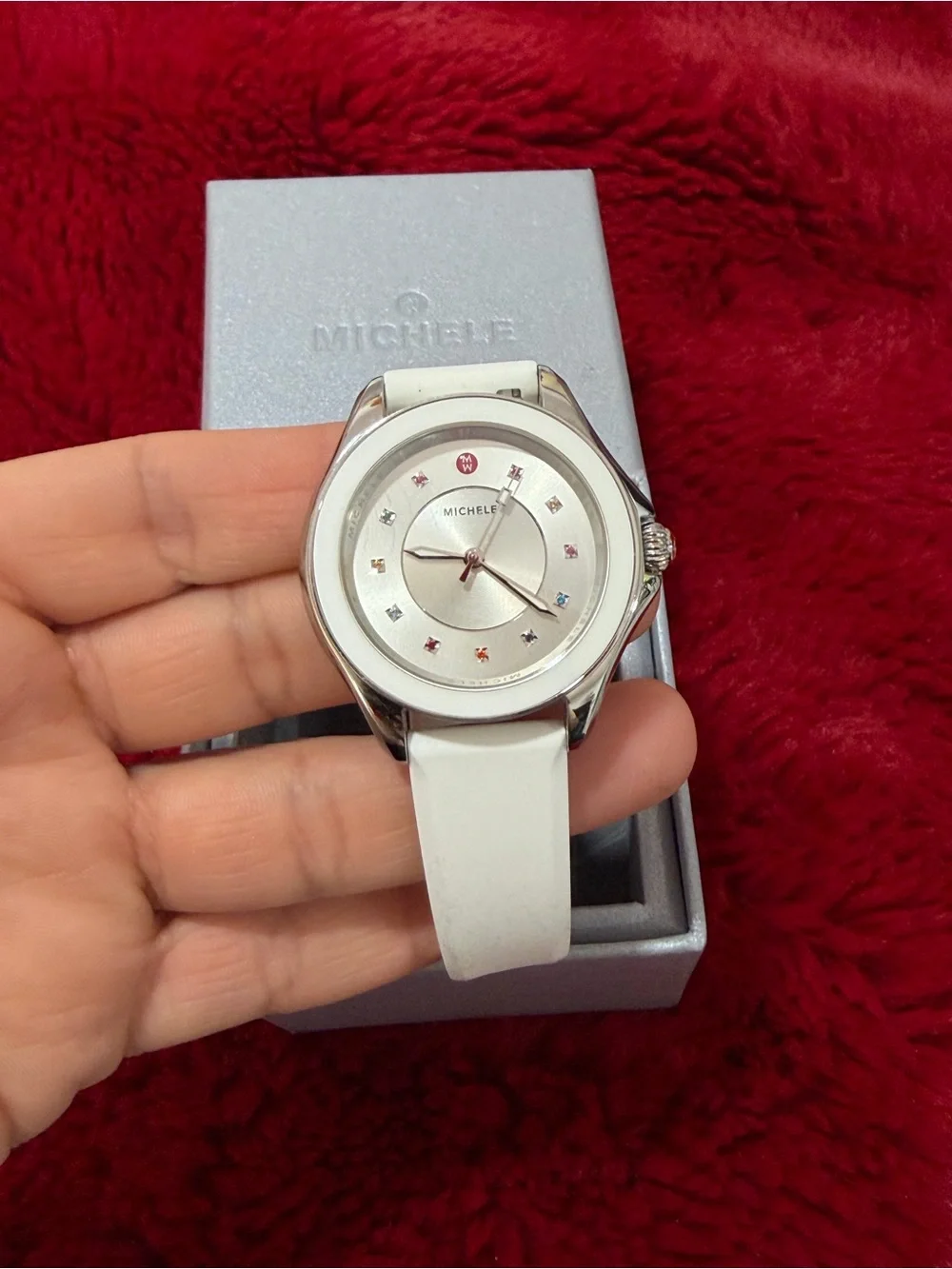 Michele White Leather Strap Silver-Tone Dial Ladies Watch